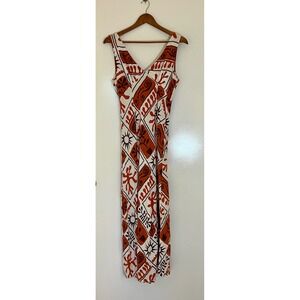 Paper Heart M Linen Blend‎ Maxi Dress Orange Abstract Boho V Neck Sleeveless